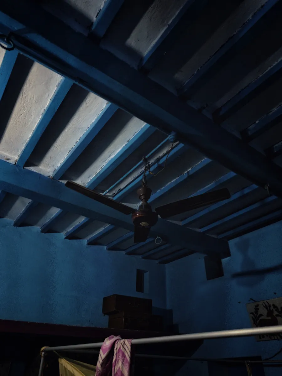 A ceiling fan hangs beneath blue-painted roof beams.