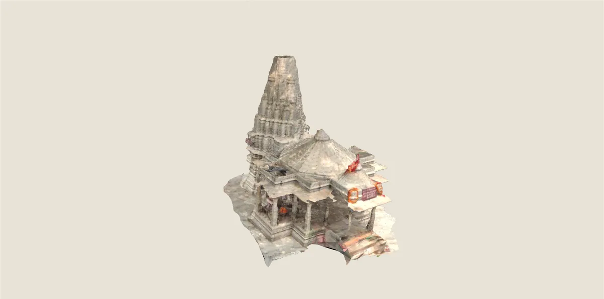 Still view rendered from Project Tirtha’s original October 2023 Manokamna Temple reconstruction.