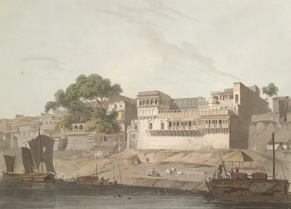 Thomas Daniell’s view of Patna and the Ganga; an aquatint dated November 1795 in the source record.